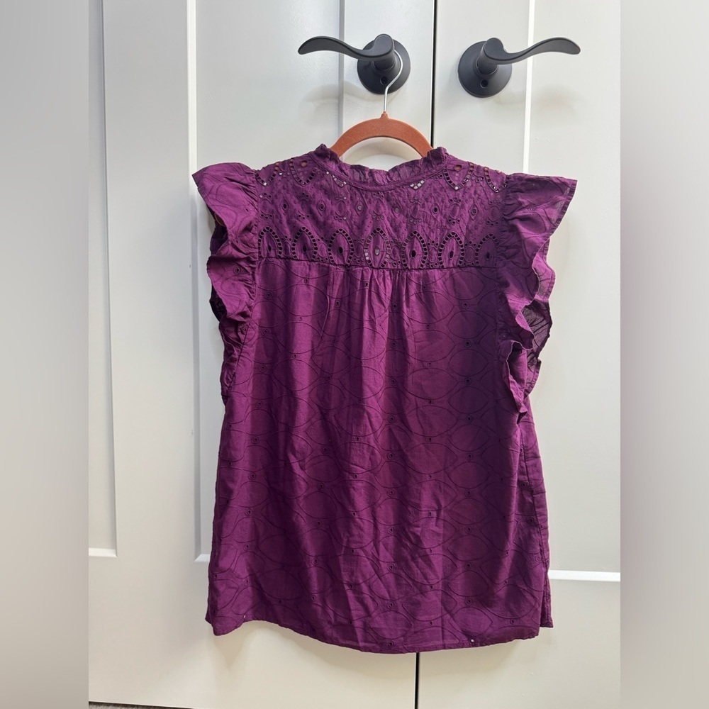 LOFT Deep Purple Eyelit Blouse with Ruffle Sleeves - Picture 3 of 4